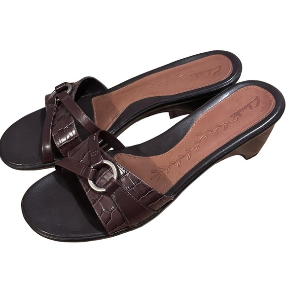 Clarks Brown Leather Faux Croc Heel Slip On Sandals 75676 Size‎ 9 M - Picture 1 of 15